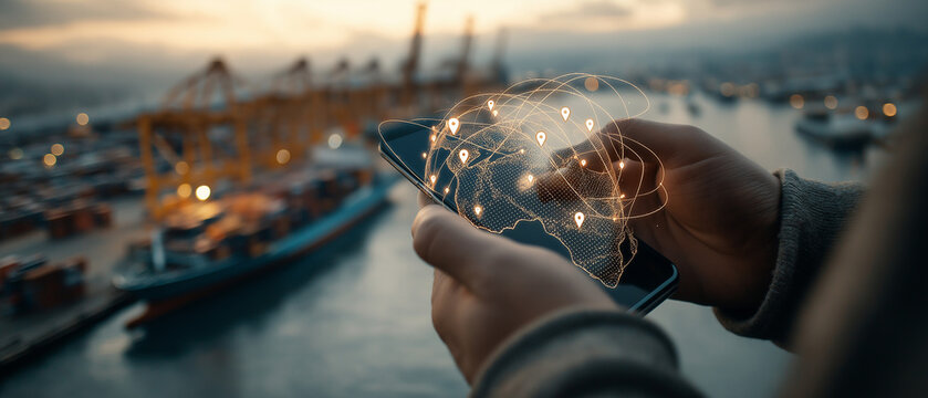 Hand holding smartphone displaying a digital globe with location pins over a busy shipping port at dusk - Powered by Adobe