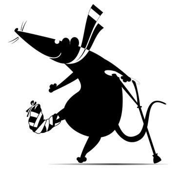 black rat with broken leg and crutch clip art preview