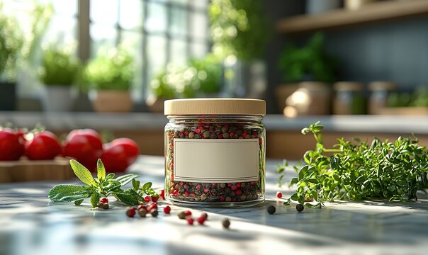 Gourmet mixed peppercorns jar, fresh herbs, tomatoes, rustic kitchen scene