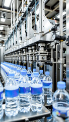 Automated water bottling production line in modern factory. Clean, efficient, and industrial setting showing plastic bottles being filled with purified water.