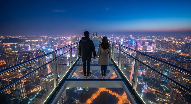 Couple Holding Hands on Glass Skywalk Overlooking a Dazzling Cityscape at Night.