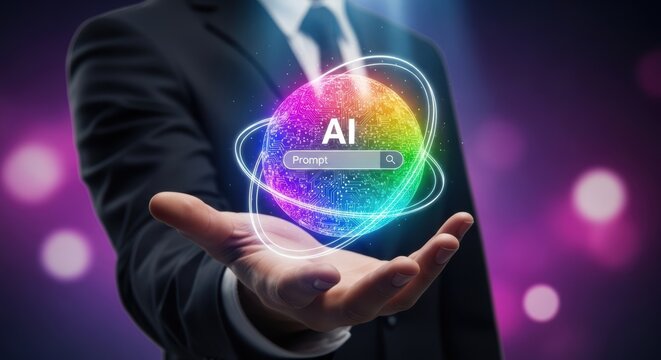 Businessman holds holographic globe displaying a prompt box representing digital technology and global networking innovation