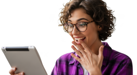 Smiling young woman wearing headphones enjoys content on tablet computer indoors transparent background
