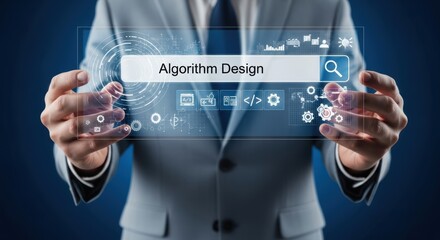 Man interacting with holographic interface displaying algorithm design and related icons for technological solutions and software development concepts