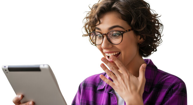 Smiling young woman wearing headphones enjoys content on tablet computer indoors transparent background