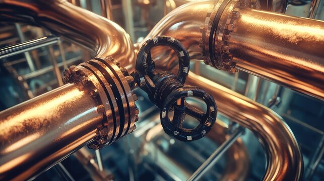 Industrial copper pipes and valve system transmitting energy - Powered by Adobe