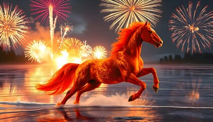 Red fire horse running on the beach with fireworks in the background showing dynamic movement, energy, and artistic illustration of an equine animal in outdoor scenery