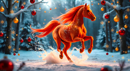 Horse running through the snow in the woods showing motion and energy in a natural winter forest landscape with artistic and creative illustration of equine animal