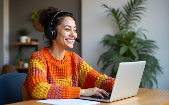 Smiling young woman in vibrant crochet sweater sits at a desk wearing a headset, typing on a laptop while engaged in a video call or online meeting, representing remote work and customer support.