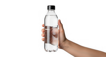 Hand holding a transparent plastic bottle filled with purified water isolated on transparent background, showcasing hydration and healthy lifestyle choices