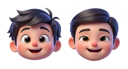 Adorable 3d cartoon characters featuring two smiling boys faces transparent background