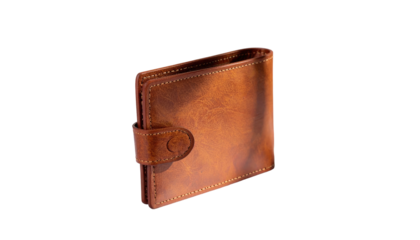Shiny brown leather wallet with snap closure on black background