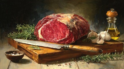 Dramatic Still Life - Raw Prime Beef Roast, Chefs Knife, Rosemary  Garlic on Rustic Wood.