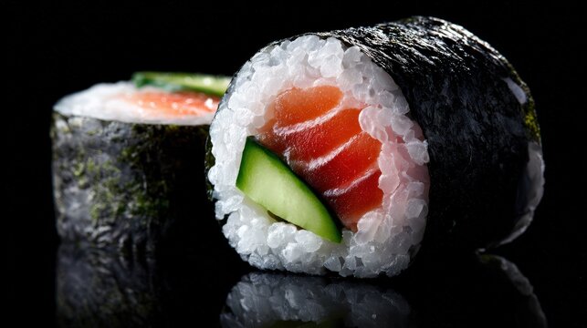 Realistic Sushi Rolls on Black Surface with Fresh Salmon and Cucumber - Powered by Adobe