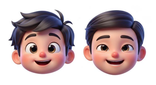 Adorable 3d cartoon characters featuring two smiling boys faces transparent background - Powered by Adobe
