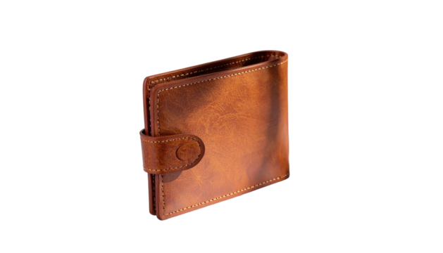 Shiny brown leather wallet with snap closure on black background
