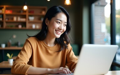 Happy Asian woman works on laptop in cafe. Smiling female freelancer, businesswoman uses notebook computer in modern coffee shop. Cozy workspace, positive vibes. Business concept of remote work,