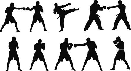 Boxing and martial arts fighter silhouettes collection vector icon set, kickboxers, karate, judo, men fighting training action poses isolated.