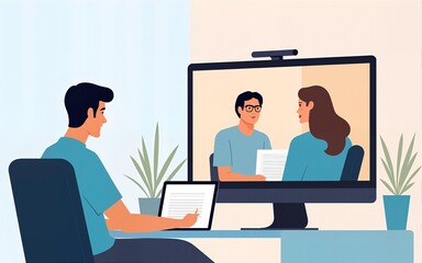 A split-screen vector showing a professional working remotely on one side and attending an in-person meeting on the other. High quality