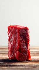 Raw Beef Cube - Intense Red Hue on Rustic Wooden Surface, Minimalist Composition.