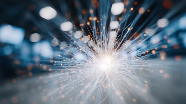 Illuminating Fiber Optics: A close-up shot that captures the brilliant core of a bundle of optical fibers emitting radiant light.