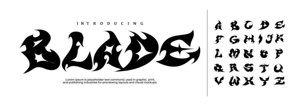 Blade font. Gothic horn font, medieval dark y2k alphabet, letter typography print, dark vintage scary typeface. Rock sign, handwritten graffiti, hardcore  metal band calligraphy. 