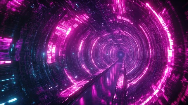 Futuristic digital tunnel displaying vibrant neon lights