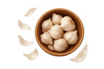 Garlic cloves in wooden bowl with scattered peeled sections, preparing ingredients for cooking, transparent background