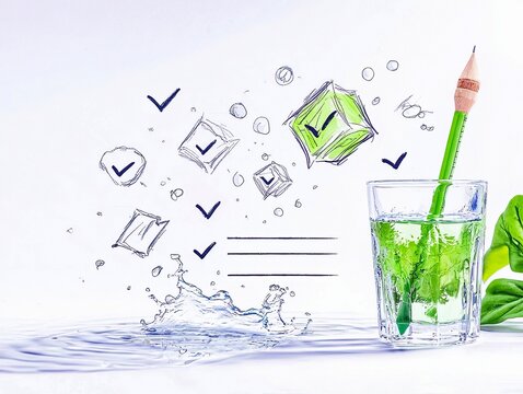 A green pencil stands in a glass of green liquid, surrounded by hand-drawn checklist items and a water splash.