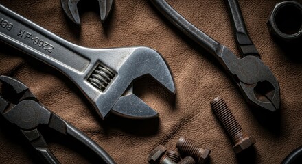 Assorted wrenches and bolts on a brown leather surface suggest tools maintenance and repair work