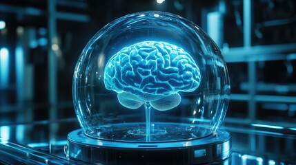 Holographic brain protected under glass dome in research lab