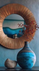 Woven Rattan Mirror and a Blue Ceramic Vase in a Calm, Rustic Interior Still Life.