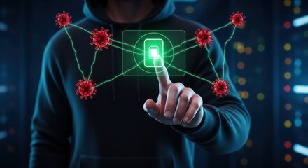 Person interacts with digital interface connecting viruses for network analysis or control on a futuristic screen