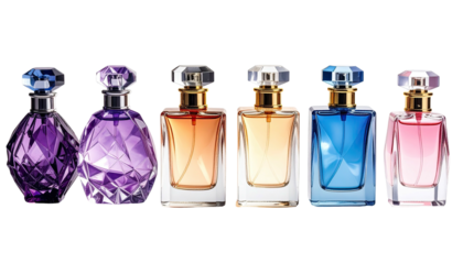 Row of colorful glass perfume bottles with faceted stoppers