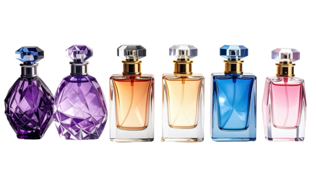Row of colorful glass perfume bottles with faceted stoppers