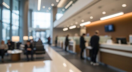 Fototapeta premium Financial Lobby Blur: Defocused scene of clients waiting near teller desks in a modern bank