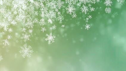 White snowflakes falling on green background