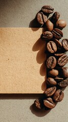 Roasted Coffee Beans Cascade Beside Blank Card, Warm Lighting, Close-Up View.