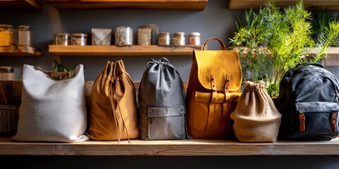 Beautiful backpacks arranged in a row