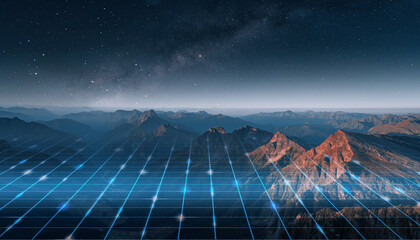 Night Sky Scape with Digital Monitoring Grid on Mountain Range