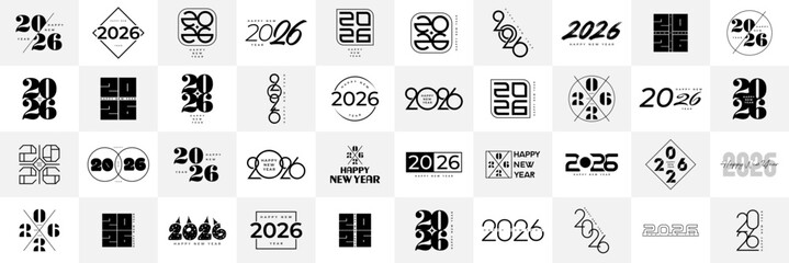 Big Set of 2026 Happy New Year logo text design. 2026 number design template. Collection of 2026 Happy New Year symbols. Vector illustration with black labels isolated on white background.