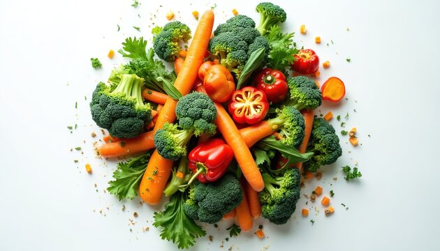 Pile of fresh vegetables like broccoli carrots and bell peppers arranged on white background. Healthy food for diet and composting. Organic raw ingredients.