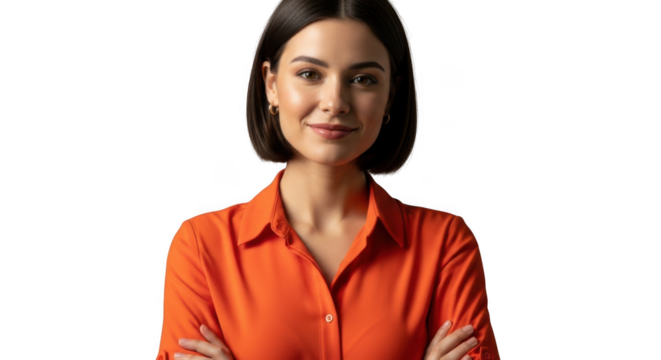 Confident woman in orange shirt with arms crossed portrait photography transparent background