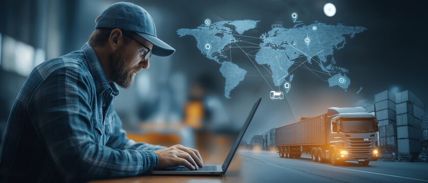 Logistics manager using laptop with world map and truck, overseeing global shipping operations.