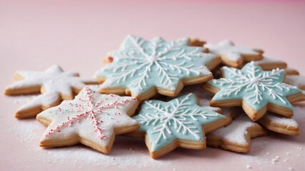 Iced snowflake cookies stacked on pink background for Christmas holiday dessert macro  