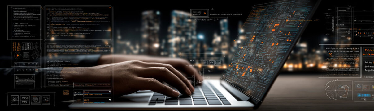 Programmer typing code on laptop with futuristic interface and city skyline at night.