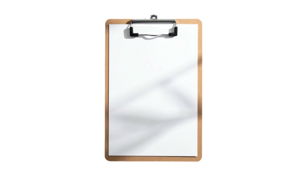 Clipboard with blank white paper, under soft shadow lighting