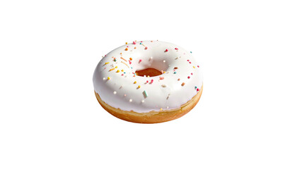 Donut white frosted ring, colorful sprinkles on dark ground