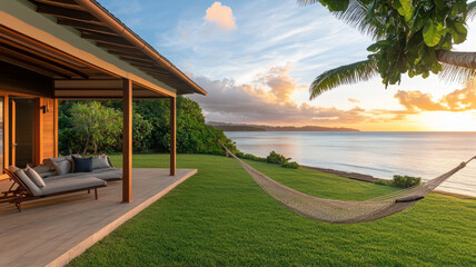 Private seaside bungalow with hammock, tropical garden, ocean view, relaxing sunset