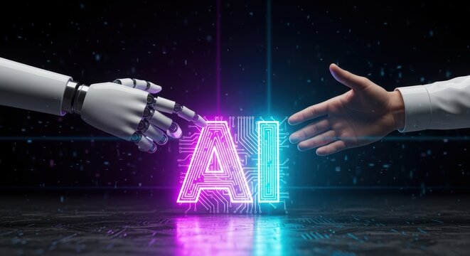 Robot and human hands interacting with glowing circuit board concept for technology innovation and futuristic collaboration - Powered by Adobe